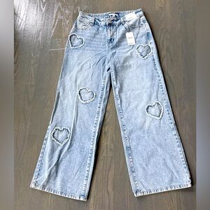 (NEW) Light Blue Wide-Leg Jeans with Heart Cutouts